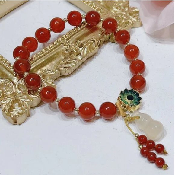 New Gold Plated Glorious Lotus Red Agate Charm Bracelet - Picture 3 of 12